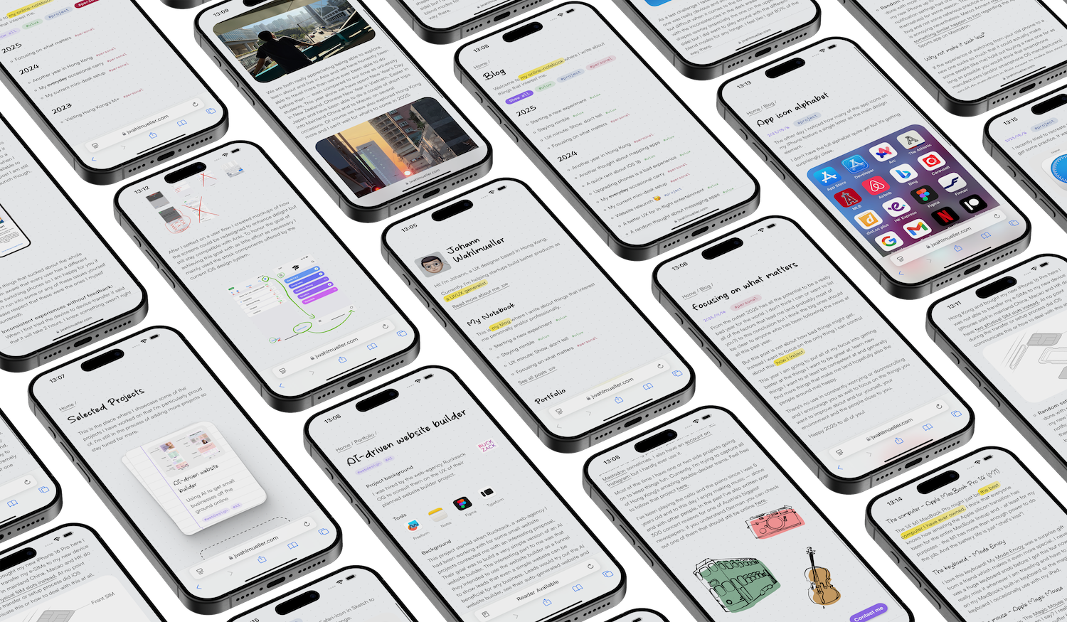 Many iPhones showing different aspects of this website